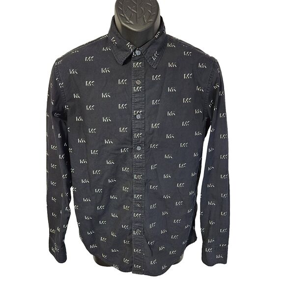MICHAEL KORS Men's All Over Print MK Button Down Dress Shirt Black Small EUC - Picture 1 of 6